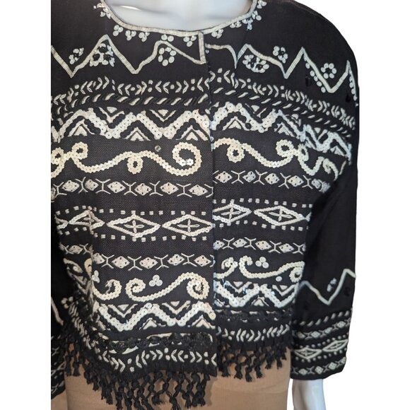 Vintage DKNY Boho Festival Boxy Cropped Beaded & Fringe Jacket 100% Linen Sz M - Picture 2 of 13